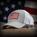 Load image into Gallery viewer, Gray & White Mesh-Back American Flag Trucker Hat