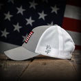 Load image into Gallery viewer, Gray & White Mesh-Back American Flag Trucker Hat