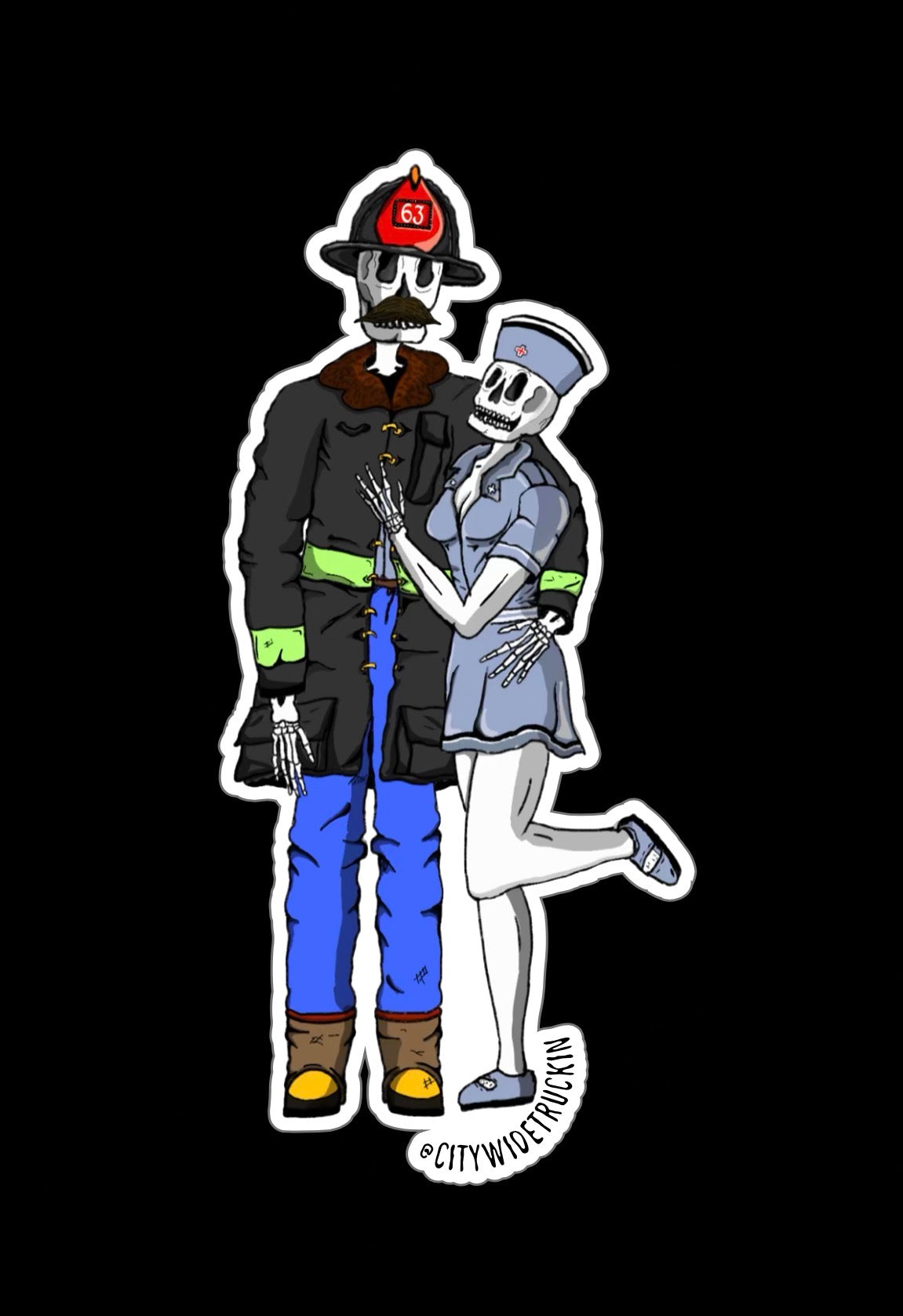 Firefighter & Nurse Skeleton Sticker | Fire Service & Medical Design