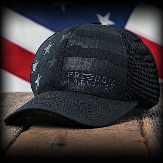 Blacked Out Debossed American Flag Trucker Hat