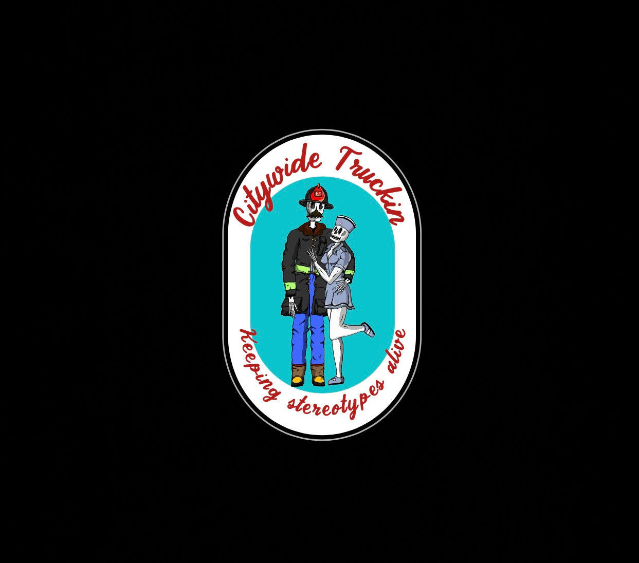 Firefighter & Nurse Skeleton with Text | Laminated Vinyl Sticker