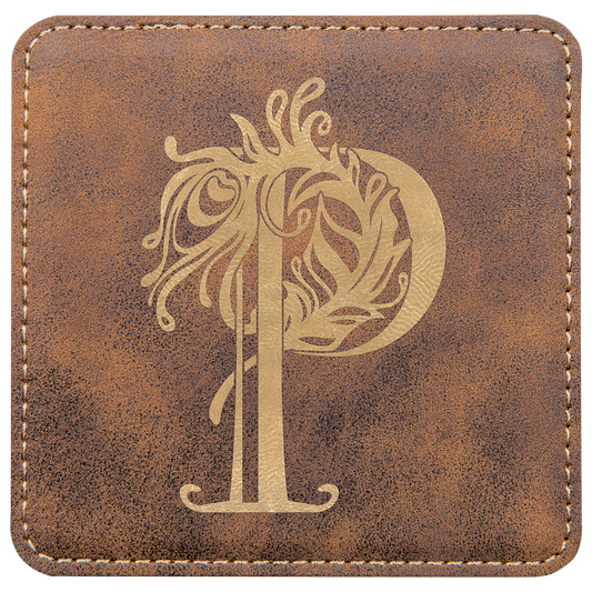Coaster - Rustic/Gold Square Leatherette, 6 Coaster set with holder