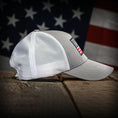 Load image into Gallery viewer, Gray & White Mesh-Back American Flag Trucker Hat
