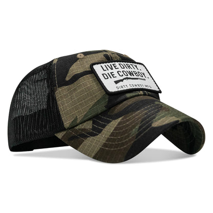 Live Dirty. Die Cowboy Patch Tactical Ripstop Mesh Snapback Hat