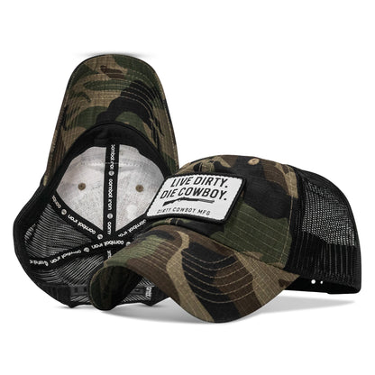 Live Dirty. Die Cowboy Patch Tactical Ripstop Mesh Snapback Hat