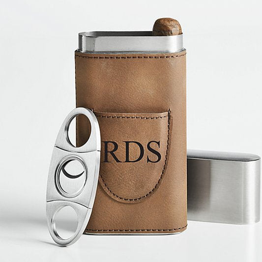 Rustic Leatherette Cigar Case with Cutter