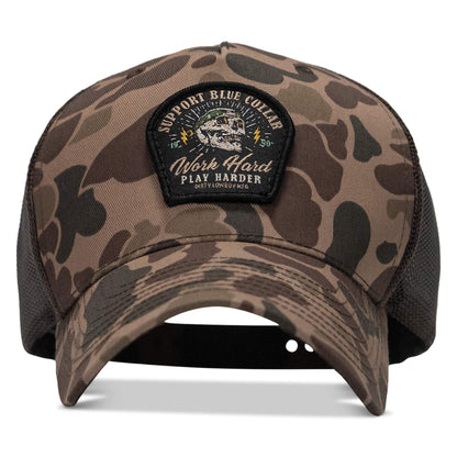 Work Hard Play Harder | Support Blue Collar Patch Snapback Hat