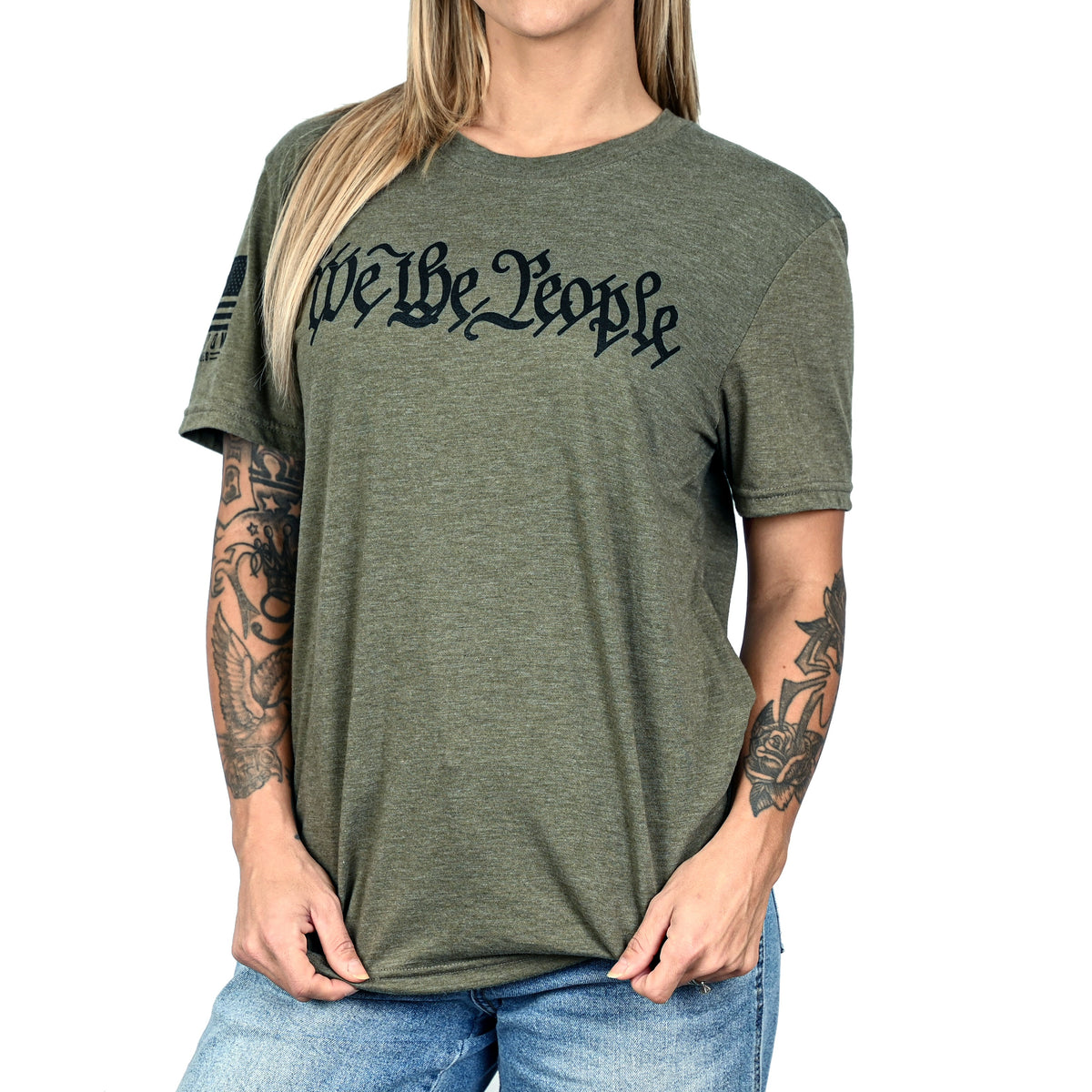 Women's We The People Boyfriend Fit Military Green Patriotic Tshirt