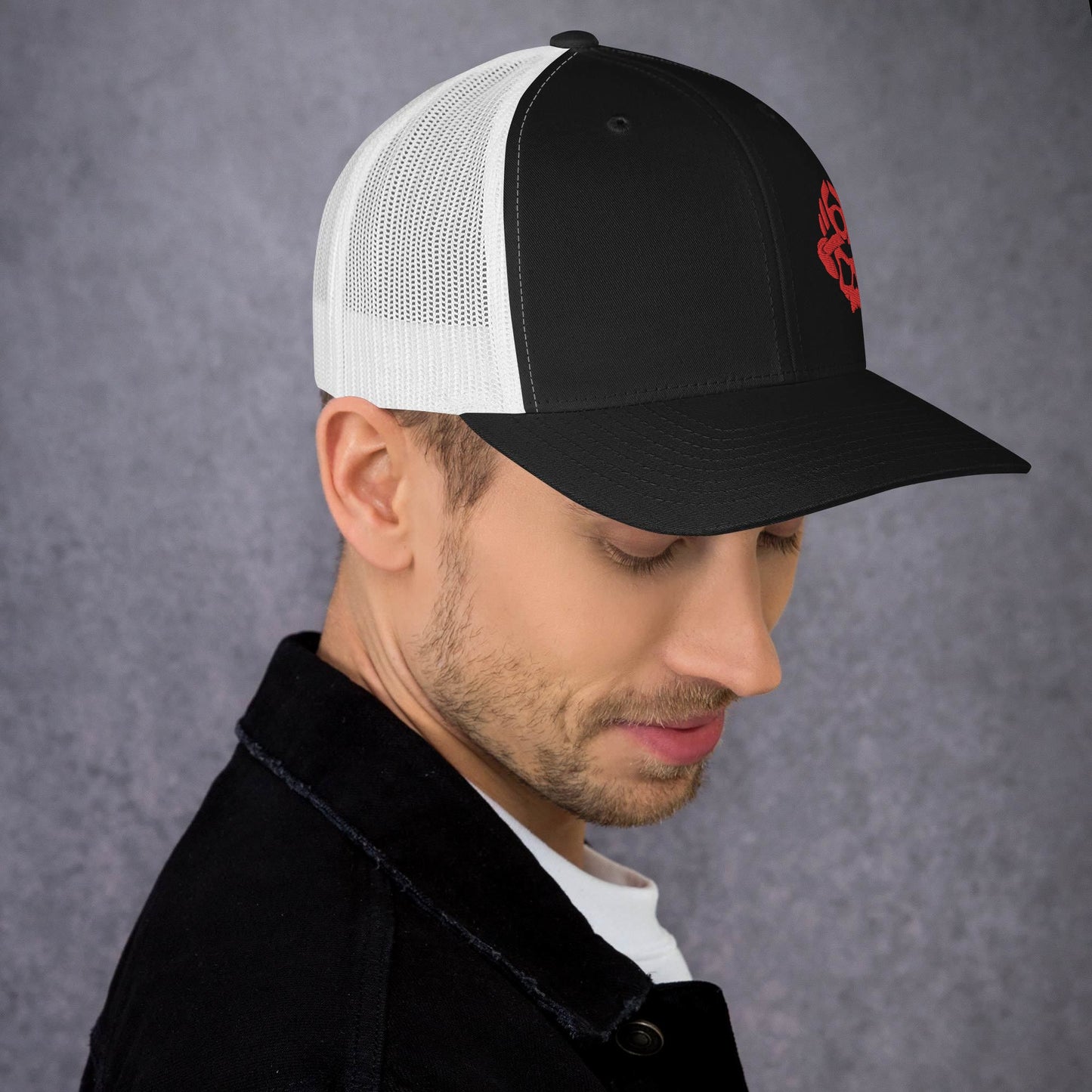 Red 3D Puff Skull Logo Trucker Hat