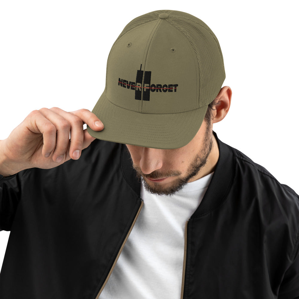 Never Forget 9/11 Thin Red Line Trucker Hat