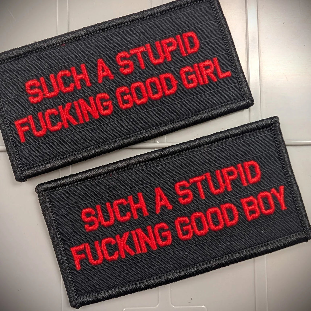 As Seen on Socials - Such A Stupid Fucking Good Girl & Boy Set - 2x4 Patch - Black w/Red